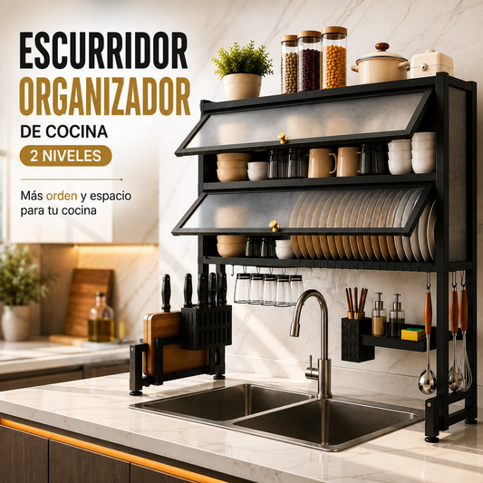 Escurridor Organizador de Cocina 2 Niveles instalado sobre el lavaplatos