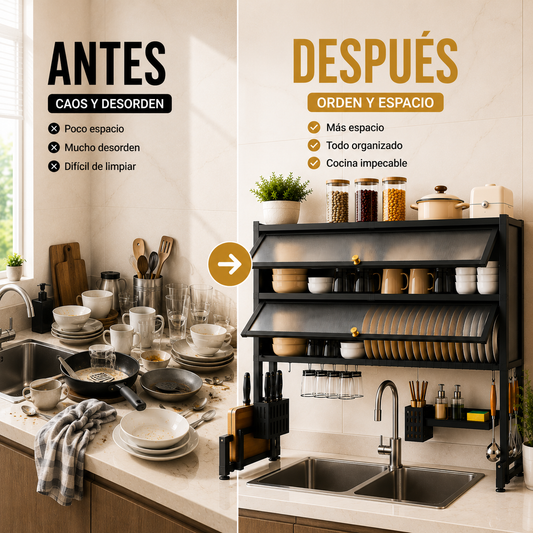Comparación antes y después con cocina organizada