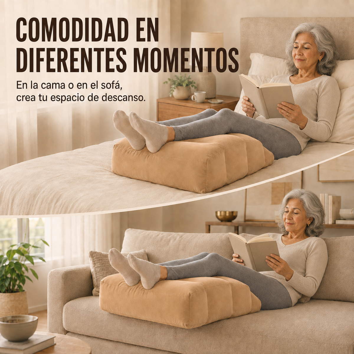 Señora leyendo con las piernas apoyadas en una almohada inflable, en la cama y en el sofá