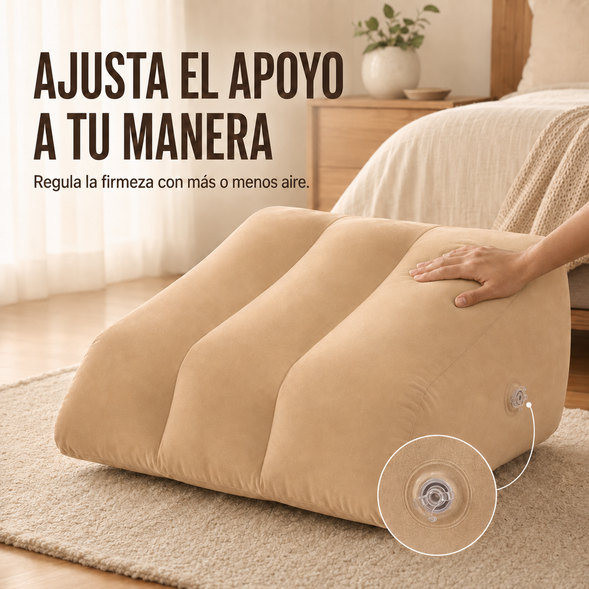 Almohada inflable para piernas con firmeza ajustable y detalle de la válvula