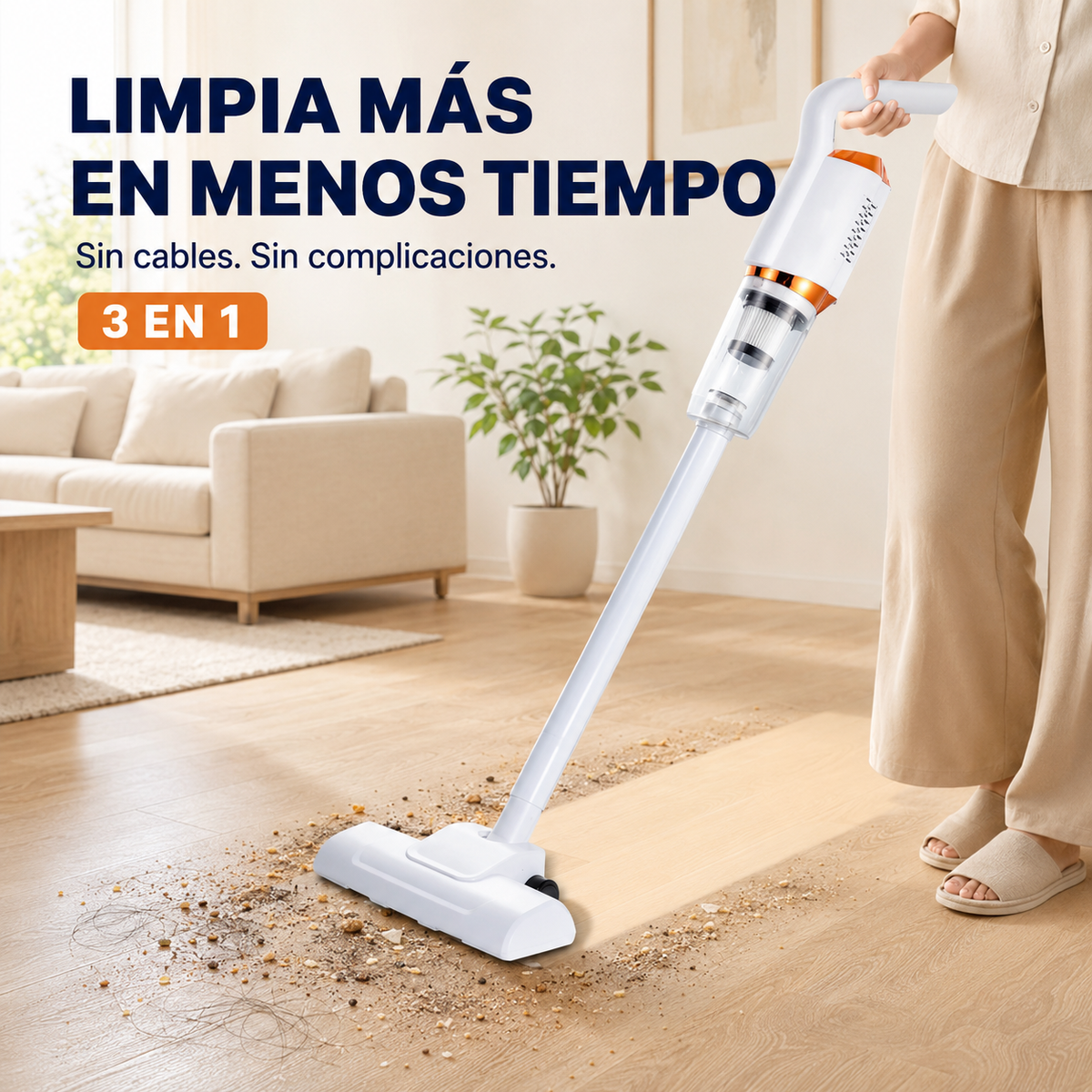 Aspiradora inalámbrica 3 en 1 limpiando polvo, migas y cabellos en menos tiempo