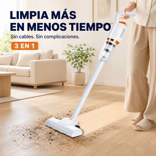 Aspiradora inalámbrica 3 en 1 limpiando polvo, migas y cabellos en menos tiempo