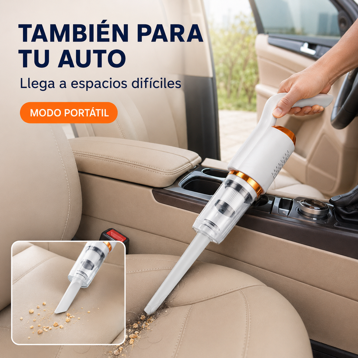 Aspiradora portátil limpiando migas y cabellos en espacios difíciles del auto