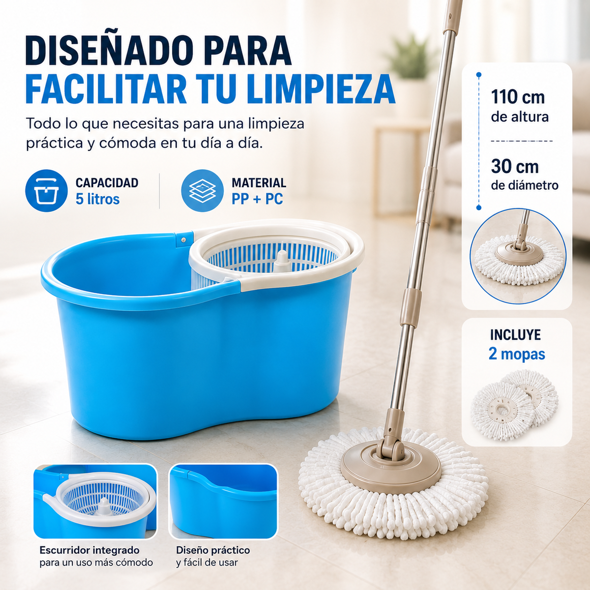 Balde Trapero Escurridor Mágico - 5 litros, PP + PC, 110 cm, 30 cm e incluye 2 mopas