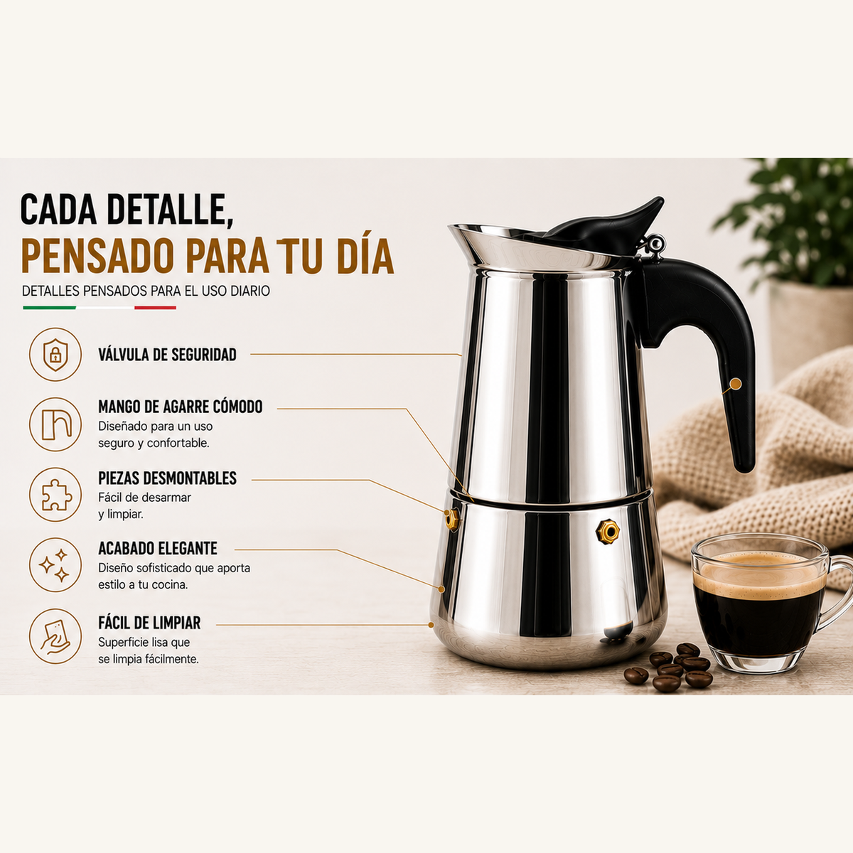 Cafetera italiana Moka con válvula de seguridad, mango cómodo, piezas desmontables, acabado elegante y fácil limpieza