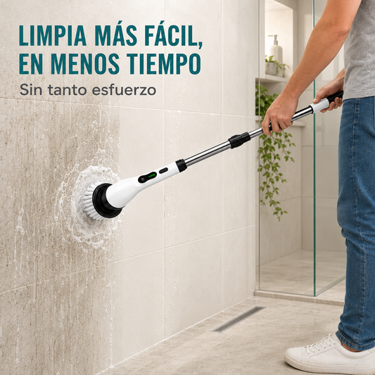 Cepillo eléctrico giratorio limpiando azulejos con agua y espuma