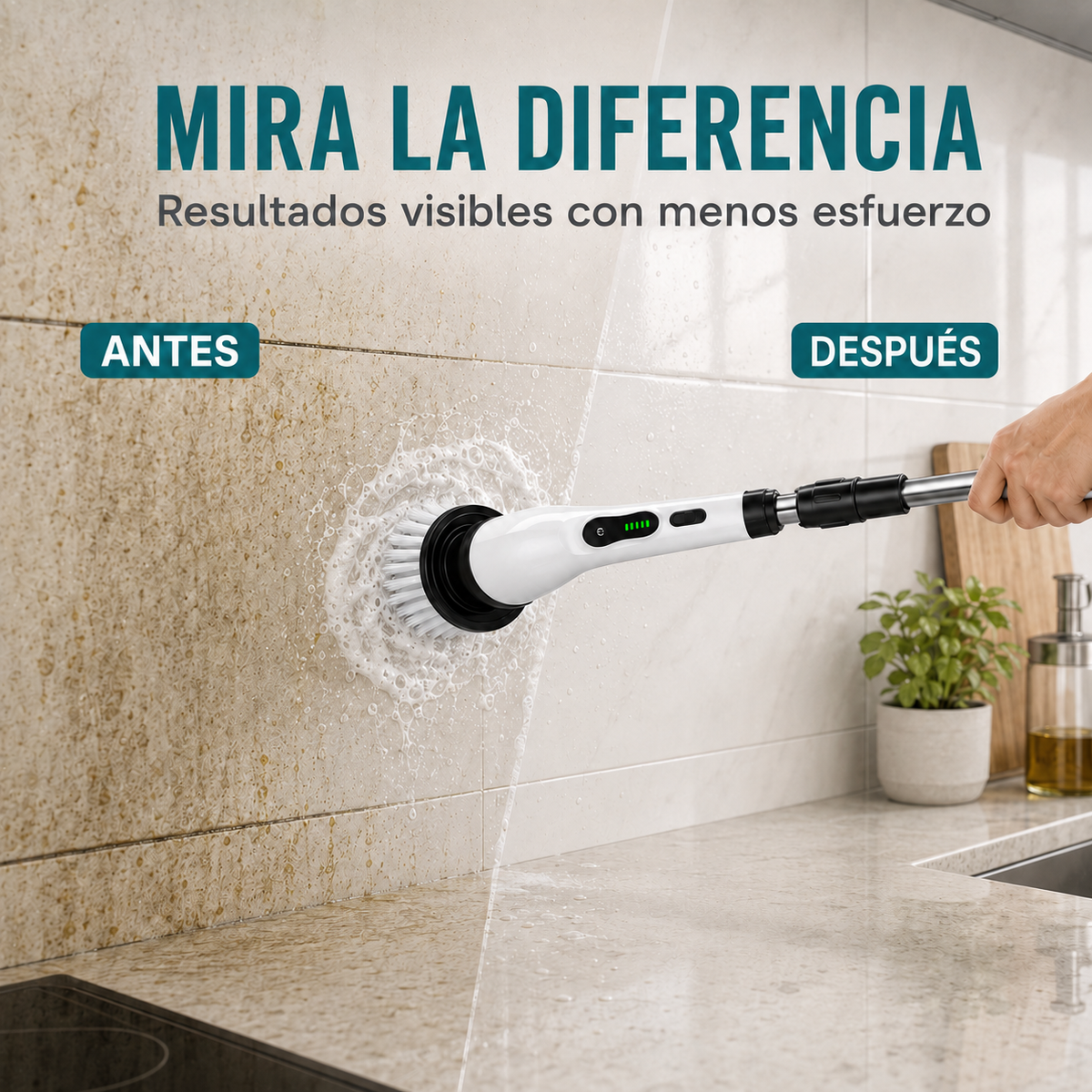 Antes y después de limpiar azulejos de cocina con cepillo eléctrico giratorio
