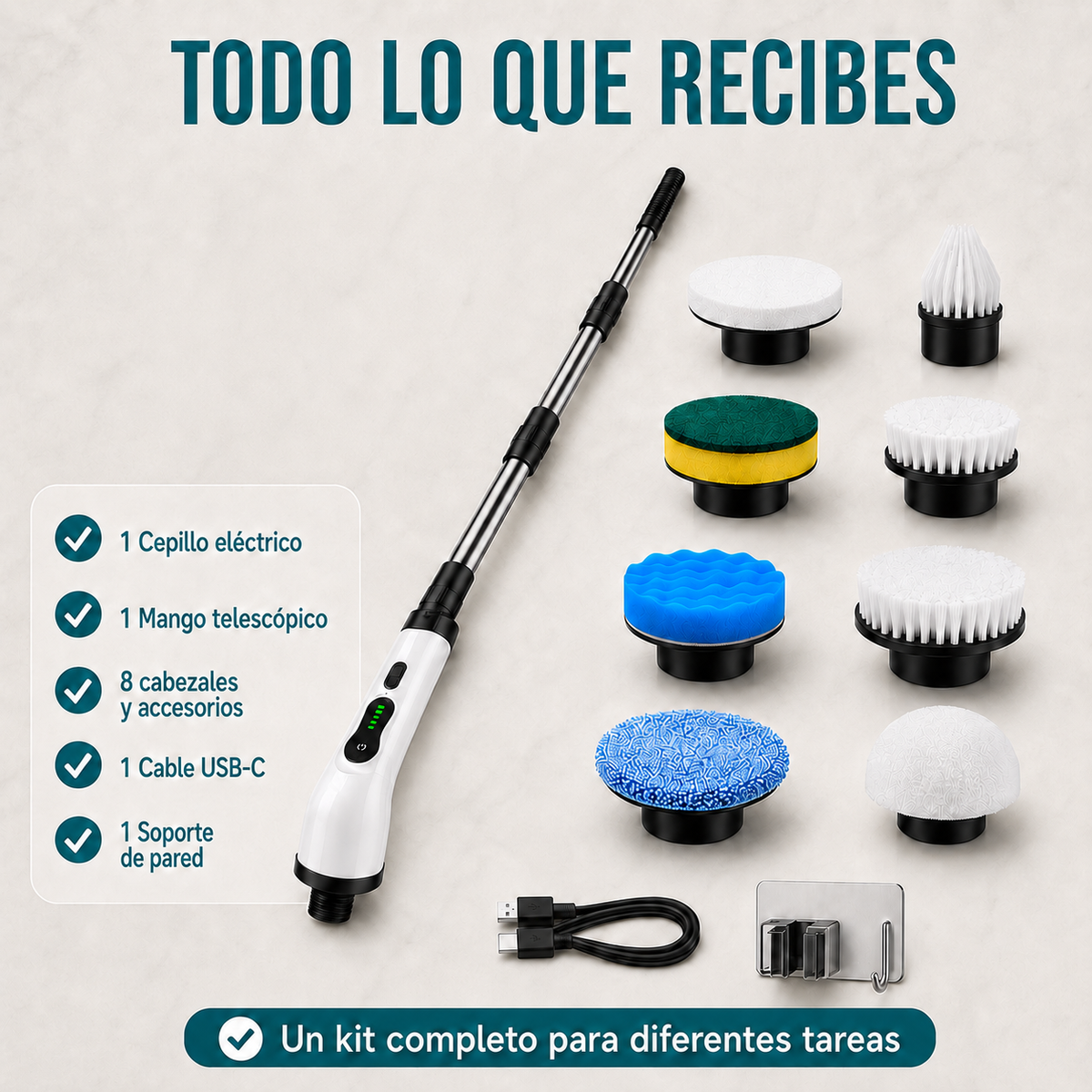 Contenido completo del kit de cepillo eléctrico giratorio con ocho accesorios