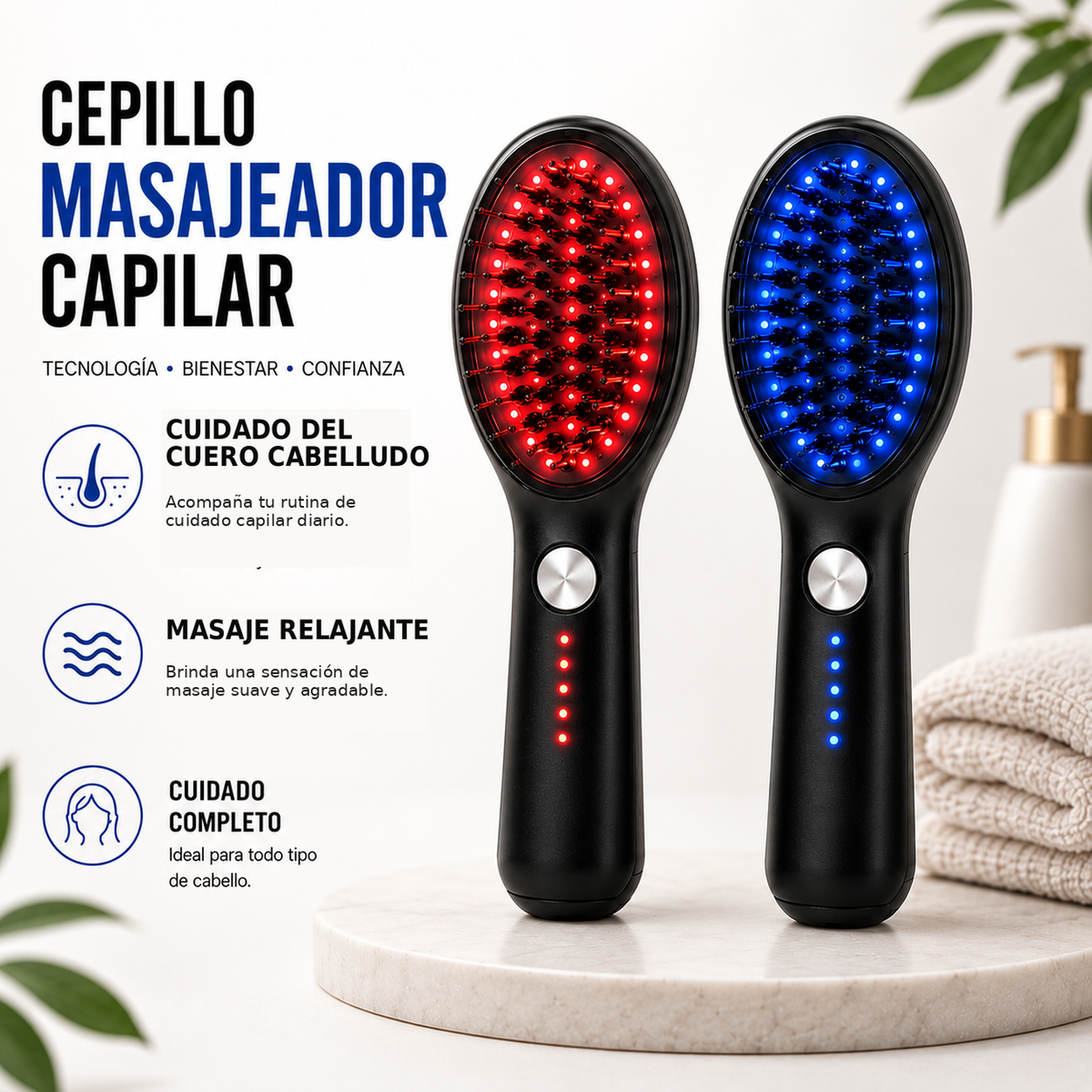 Cepillo masajeador capilar con luz roja y azul para rutina de cuidado capilar