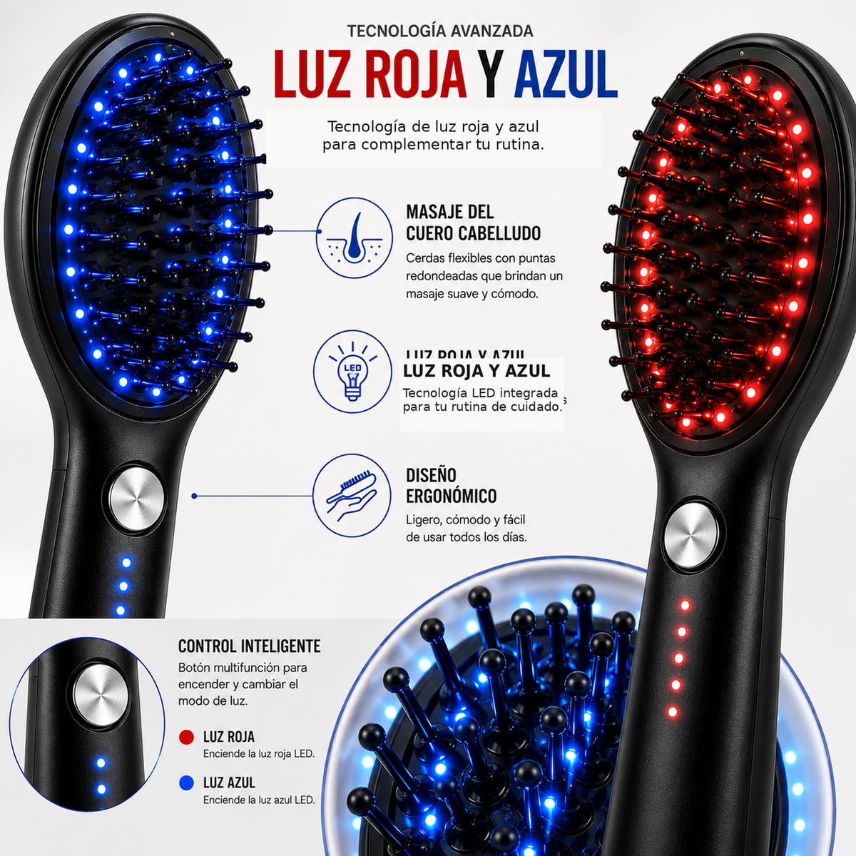 Detalle del cepillo masajeador capilar con luz roja y azul y diseño ergonómico