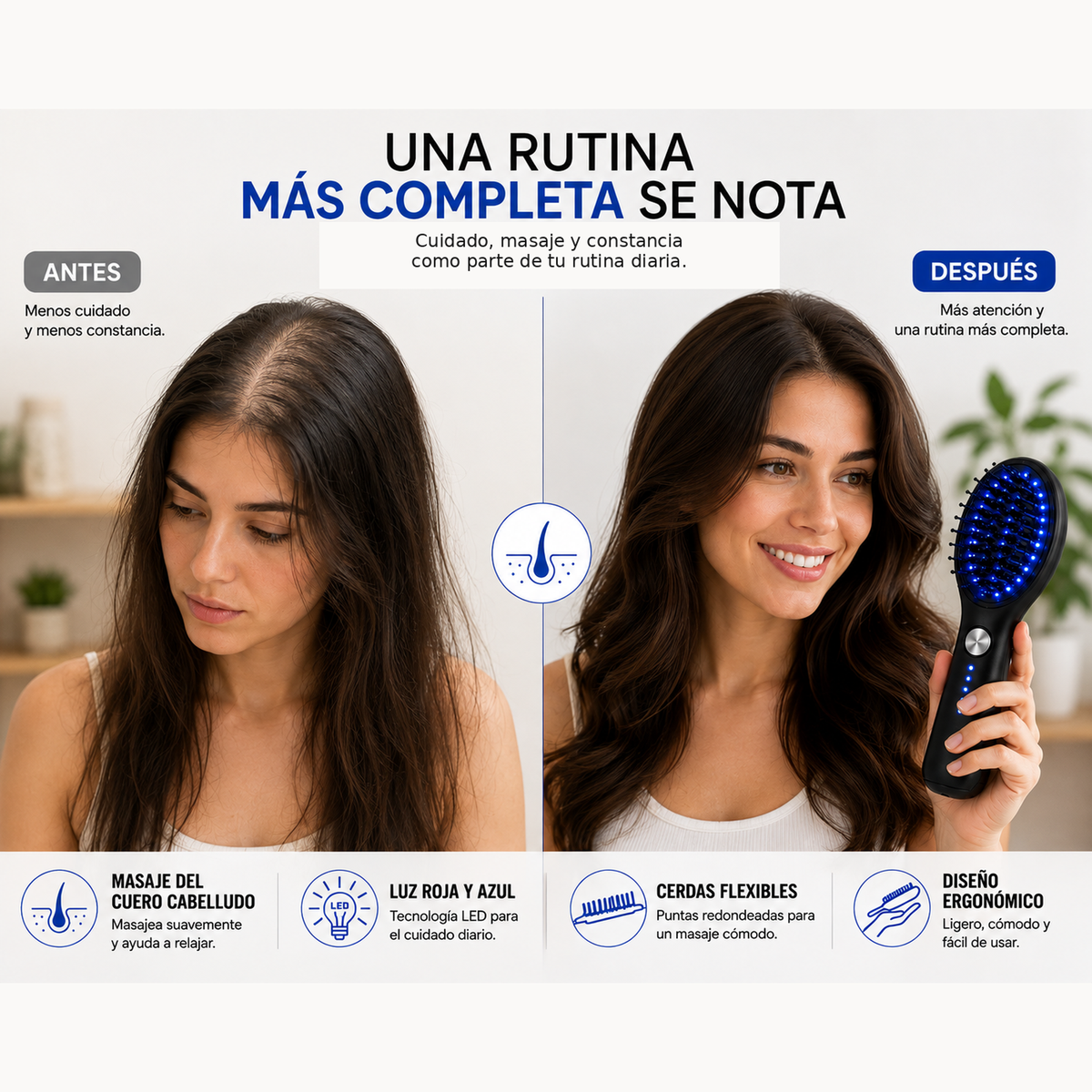Comparativo visual de rutina de cuidado capilar con cepillo masajeador de luz azul