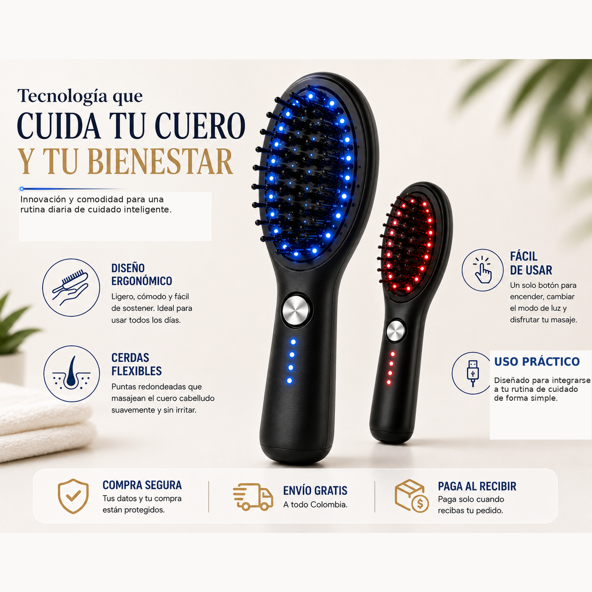 Cepillo masajeador capilar con diseño ergonómico, uso práctico, compra segura, envío gratis y pago al recibir