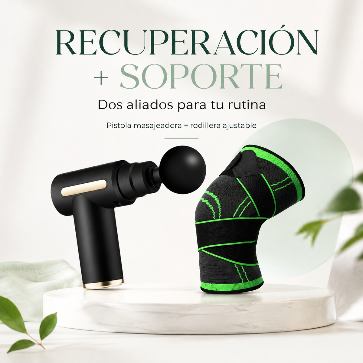 Combo de recuperación con pistola masajeadora y rodillera ajustable