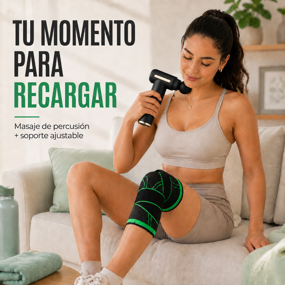 Mujer utilizando pistola masajeadora y rodillera ajustable