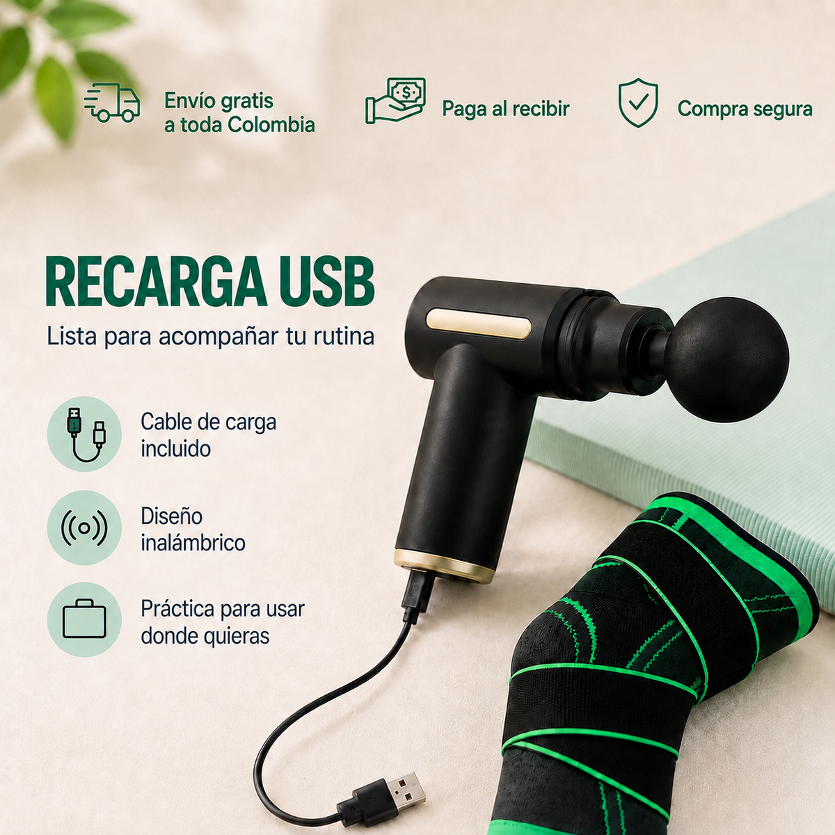 Recarga USB del masajeador con cable incluido, envío gratis, pago al recibir y compra segura