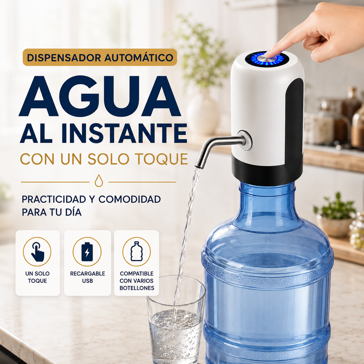 Dispensador automático de agua accionado con un toque y recargable por USB