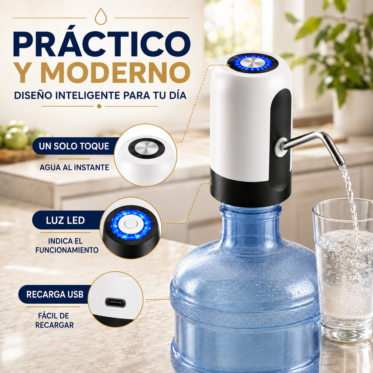 Dispensador automático de agua práctico y moderno con luz LED y recarga USB