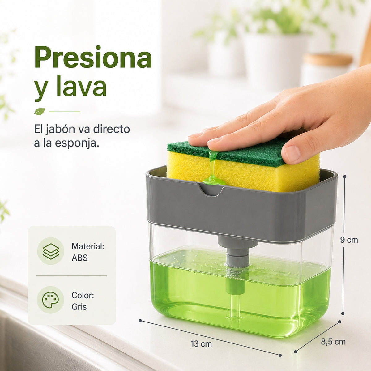 Dispensador de jabón para platos con esponja - galería 3, funcionamiento y medidas