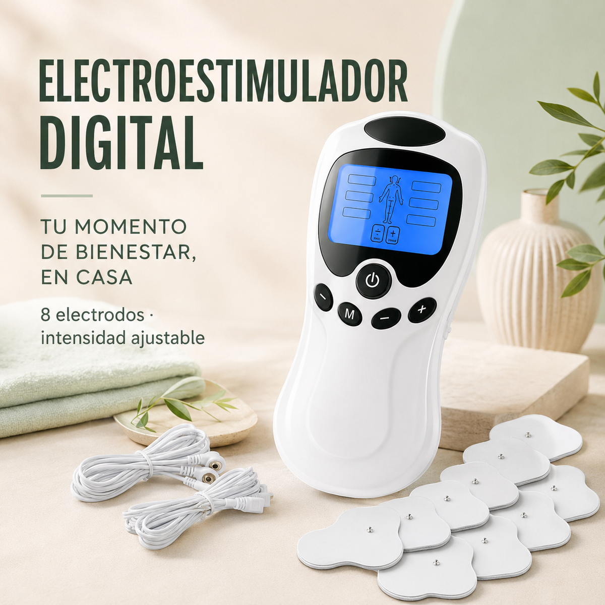 Electroestimulador digital con ocho electrodos e intensidad ajustable