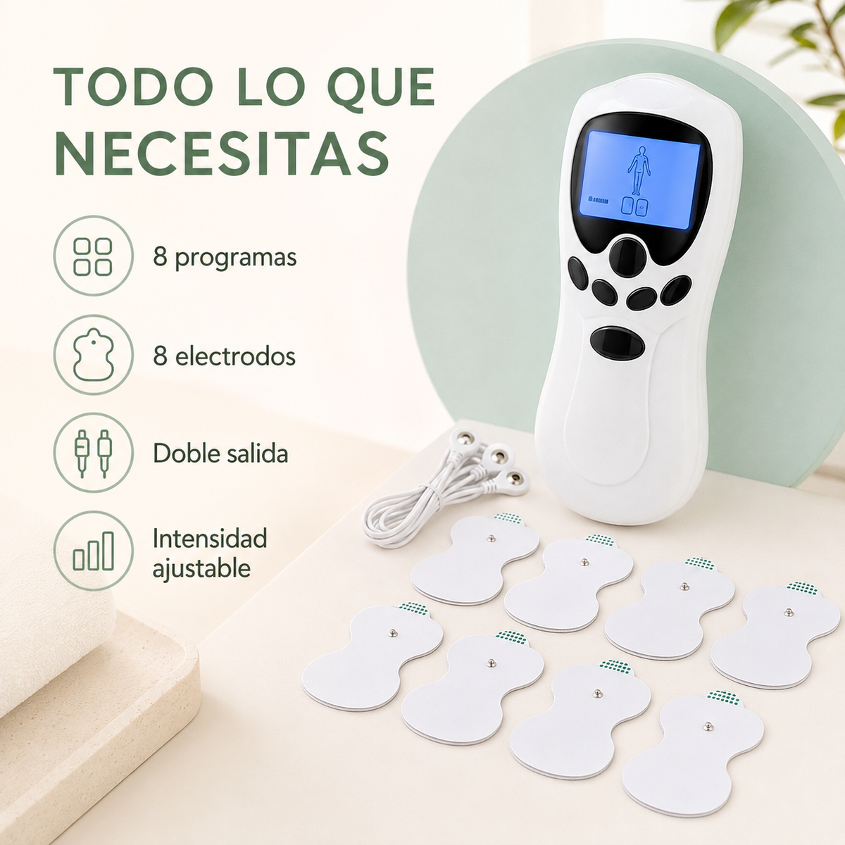 Electroestimulador digital con ocho programas, ocho electrodos, doble salida e intensidad ajustable