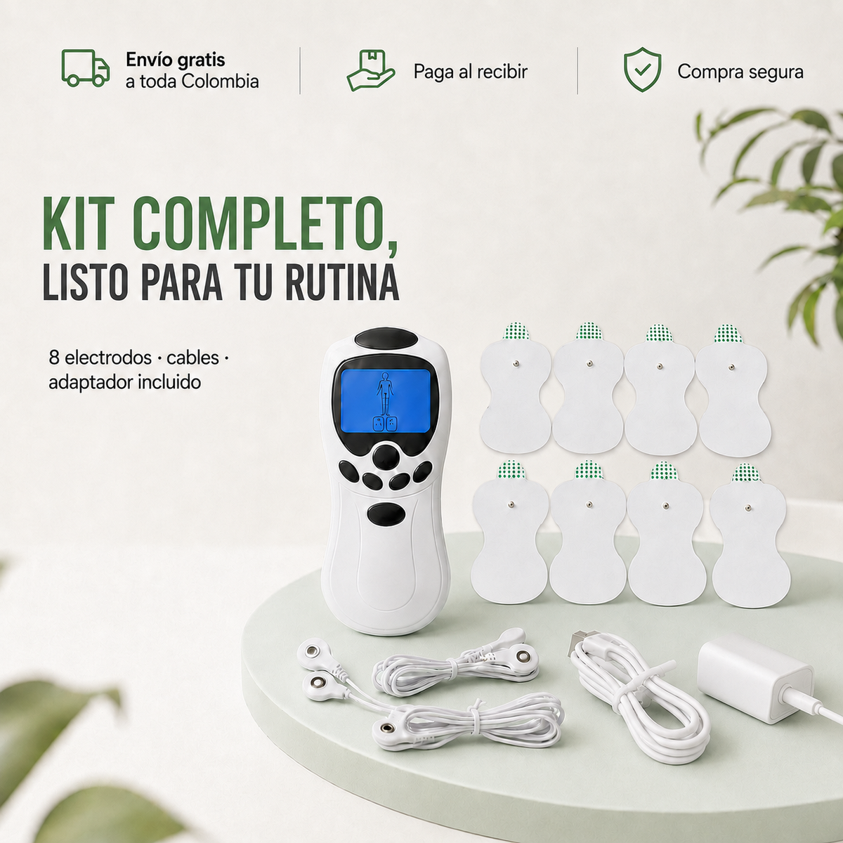Kit completo de electroestimulador con ocho electrodos, cables y adaptador incluido