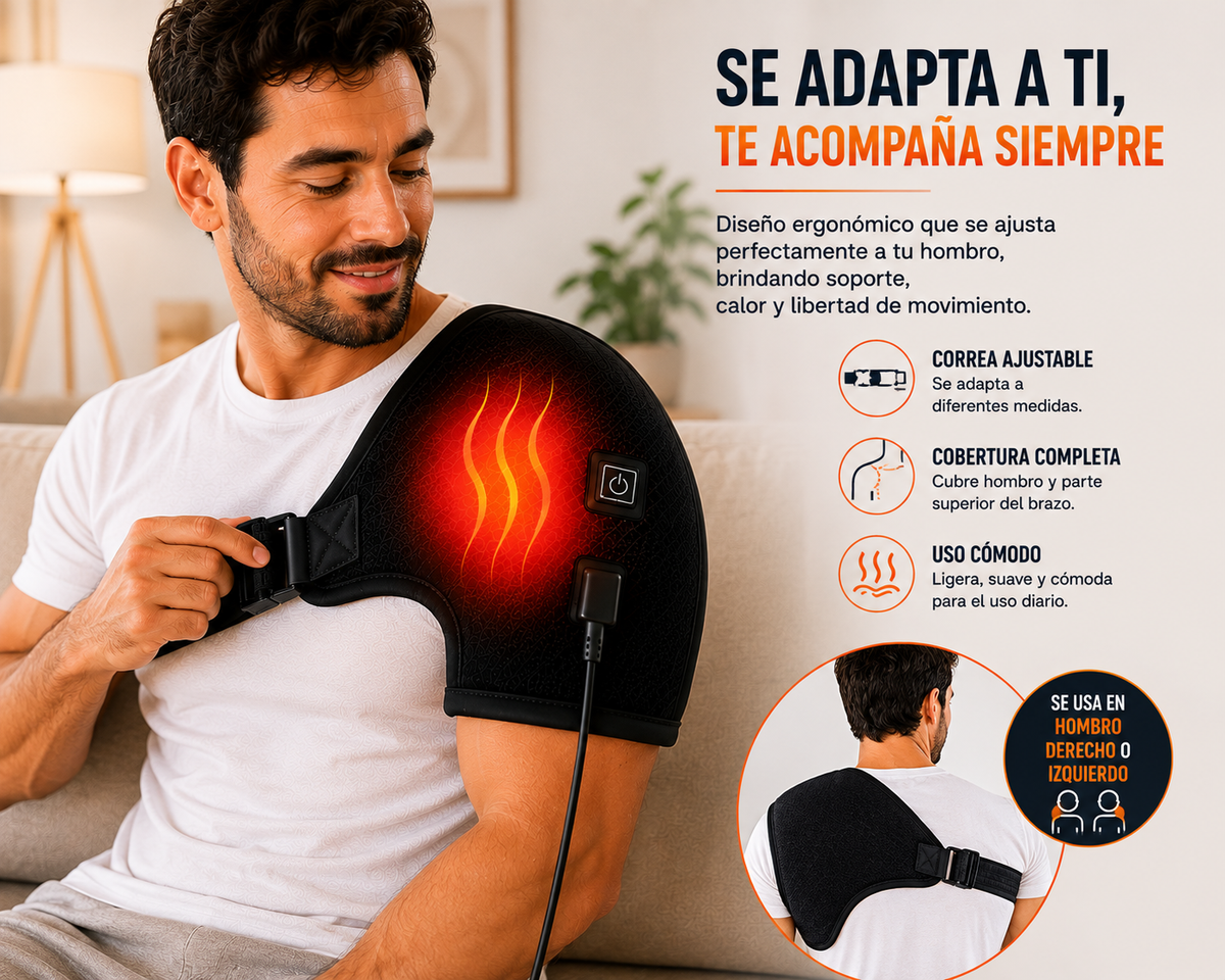 Hombrera térmica con ajuste ergonómico, correa ajustable y uso en hombro derecho o izquierdo