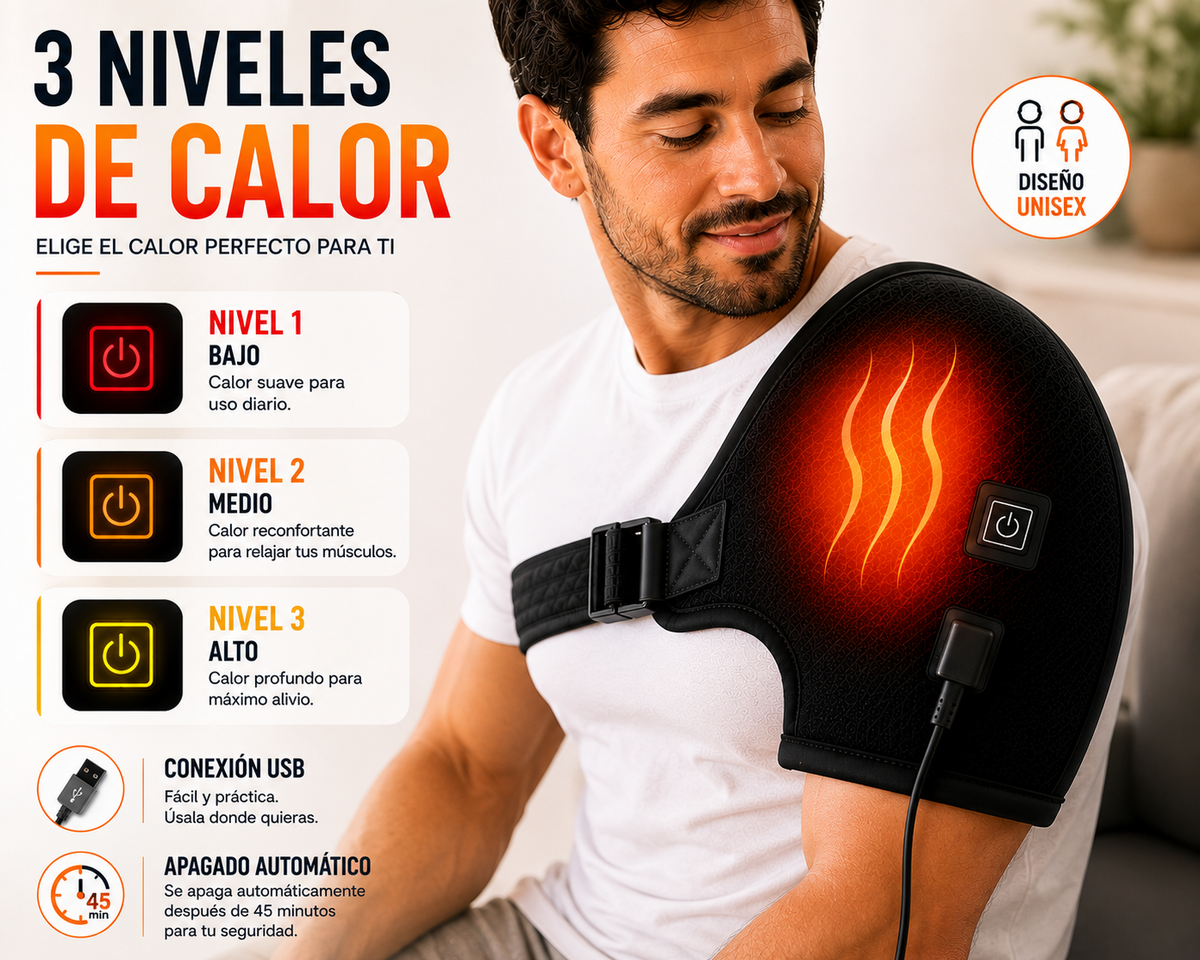 Hombrera térmica con 3 niveles de calor, conexión USB y apagado automático