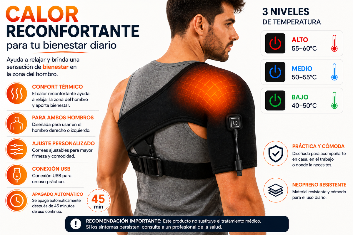 Hombrera térmica con 3 niveles de temperatura, conexión USB, ajuste para ambos hombros y apagado automático