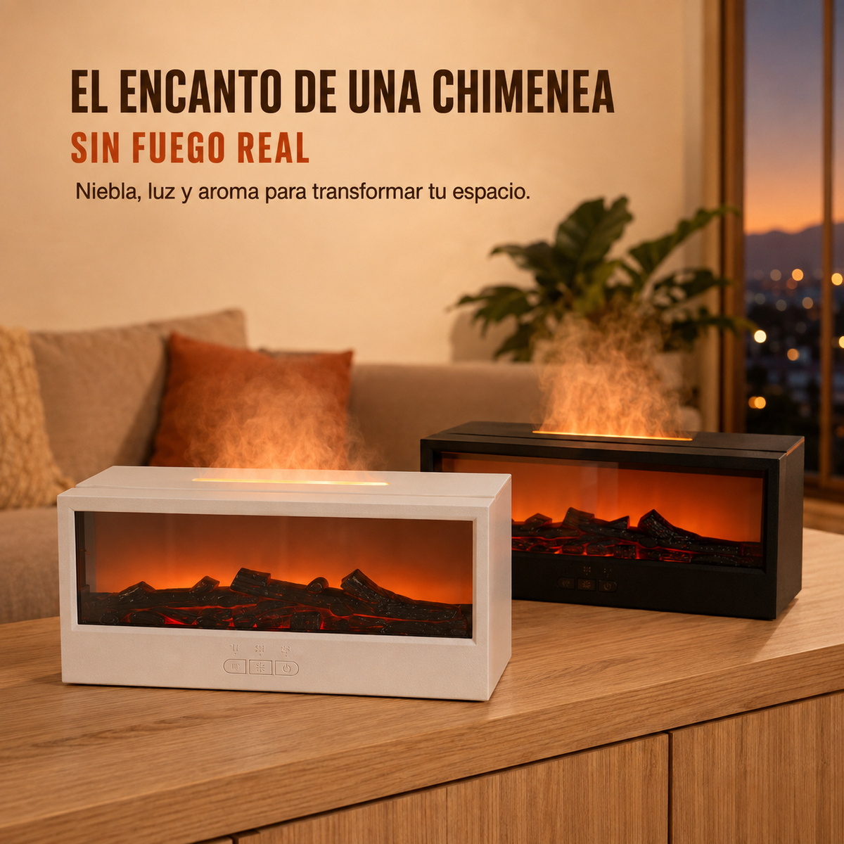 Humidificador difusor blanco y negro con efecto chimenea 3D