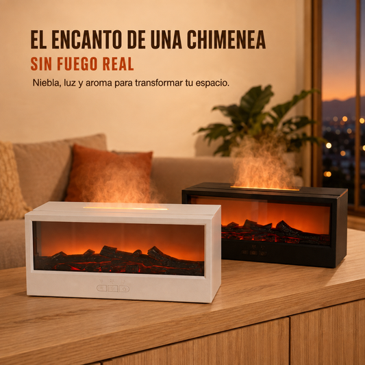 Humidificador difusor blanco y negro con efecto chimenea 3D