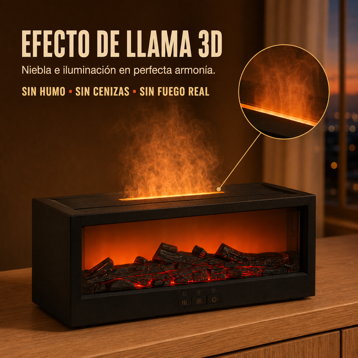 Humidificador difusor negro con niebla iluminada y efecto de llama 3D