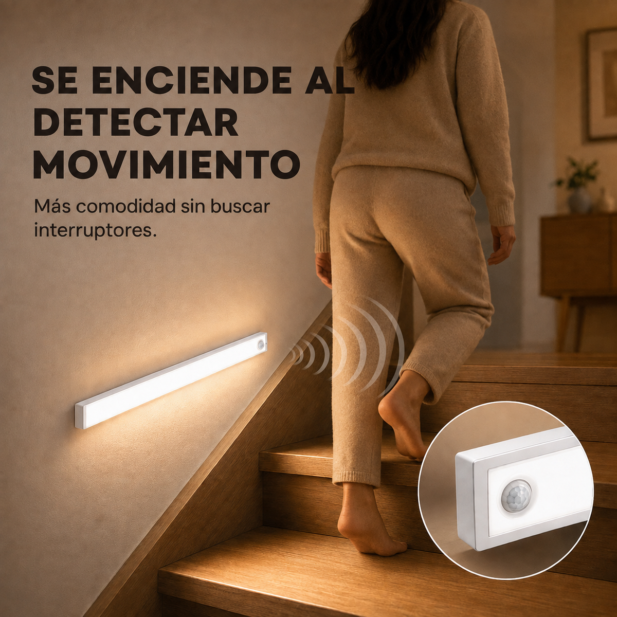 Lámpara LED con sensor de movimiento encendida junto a una escalera