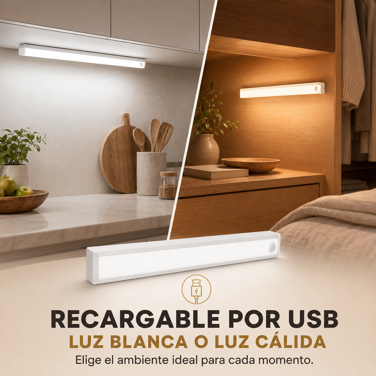 Lámpara LED recargable por USB con luz blanca y luz cálida