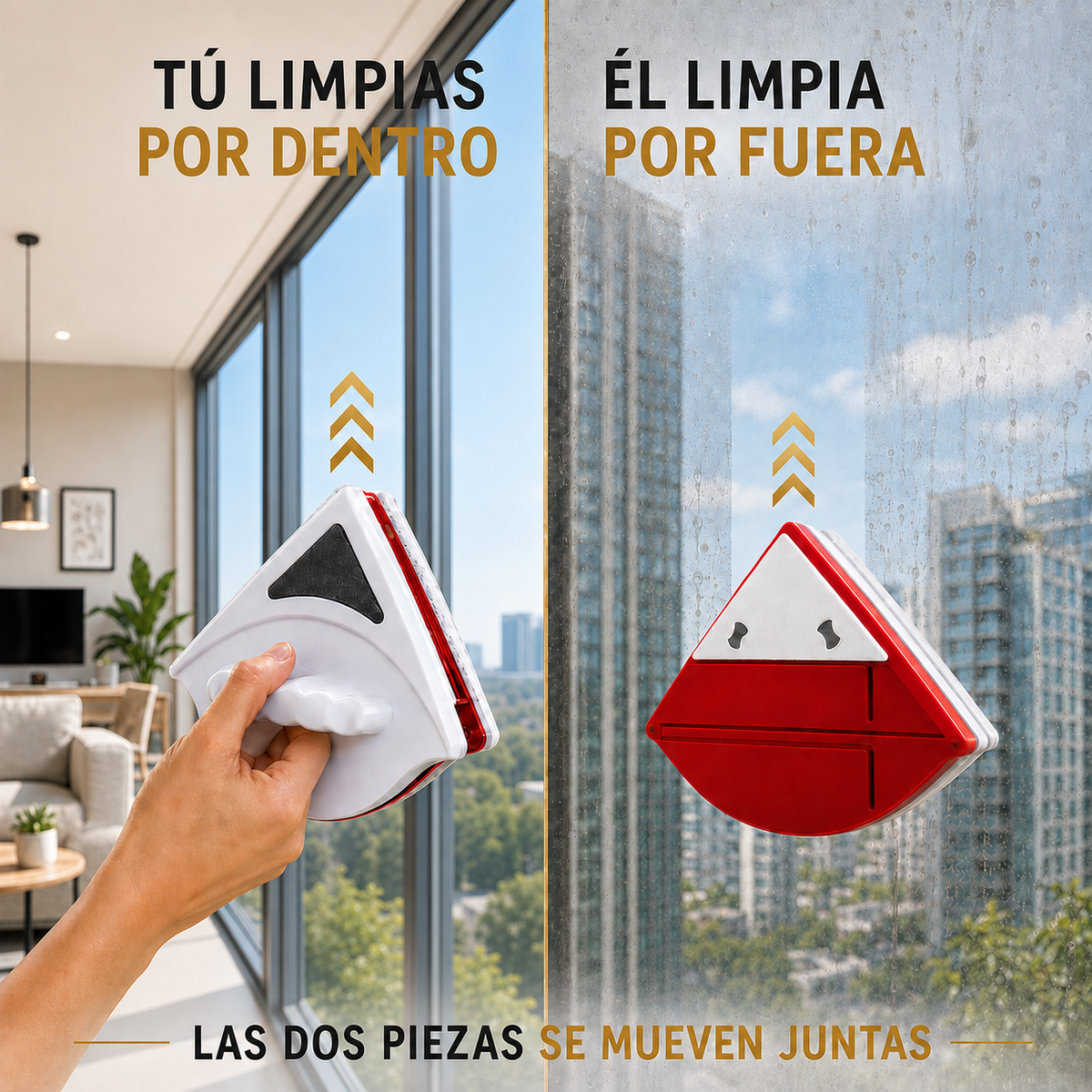 Limpiavidrios magnético con una pieza en el interior y otra en el exterior