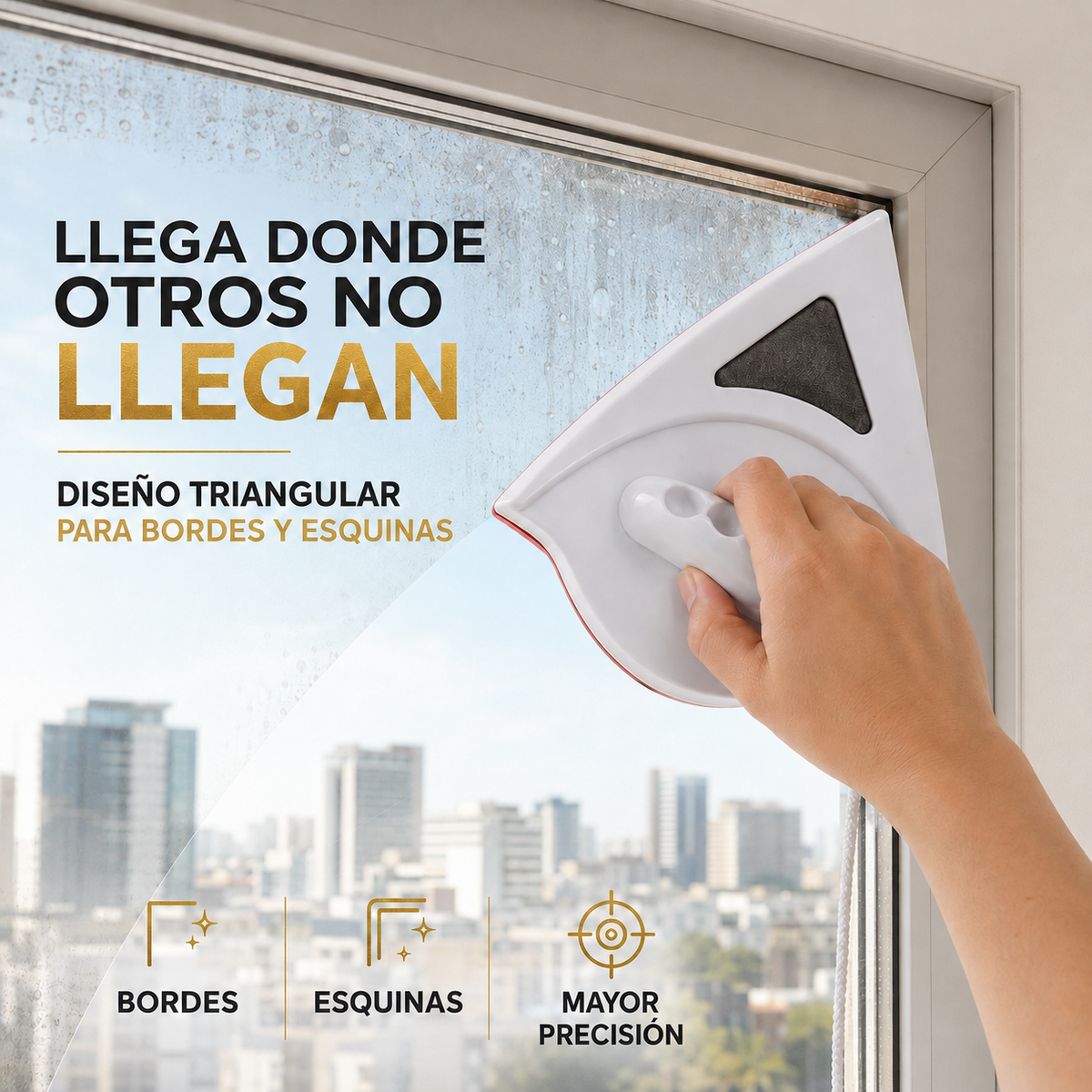 Limpiavidrios magnético triangular alcanzando bordes y esquinas de una ventana