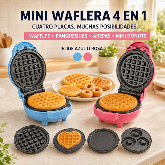 Mini waflera 4 en 1 azul y rosa con cuatro placas removibles