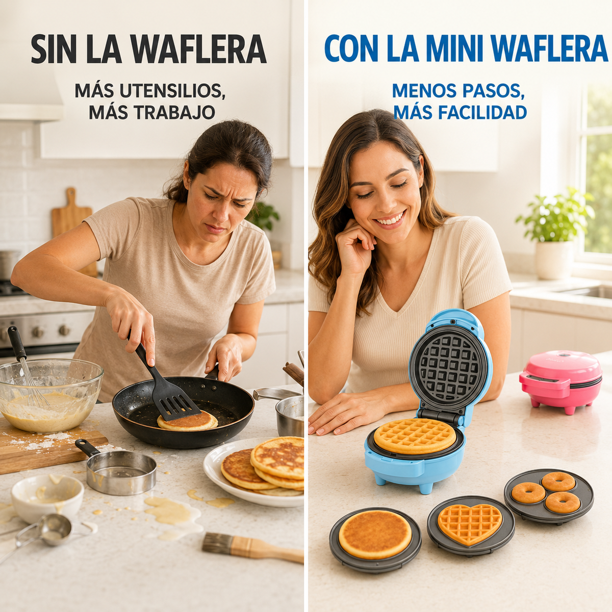 Comparación entre cocinar con varios utensilios y usar la Mini Waflera 4 en 1