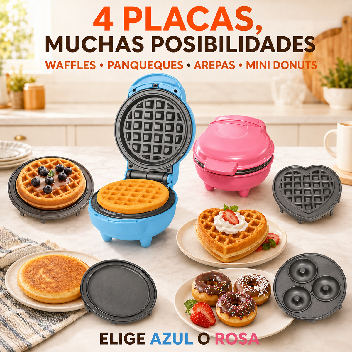 Mini Waflera 4 en 1 azul y rosa con cuatro placas para waffles, panqueques, arepas y mini donuts