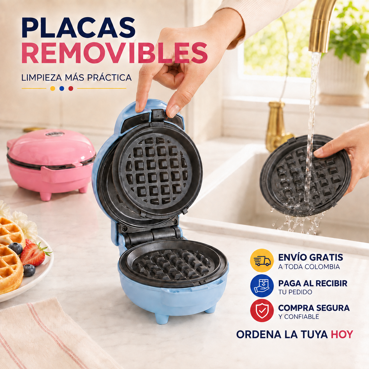 Mini Waflera 4 en 1 con placas removibles, limpieza práctica, envío gratis y pago al recibir