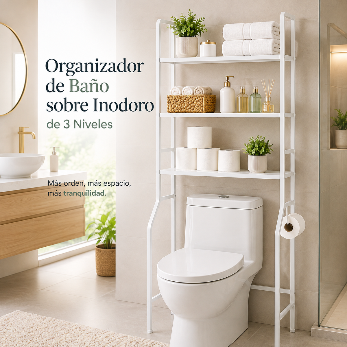 Organizador de baño sobre inodoro de 3 niveles en baño moderno y organizado