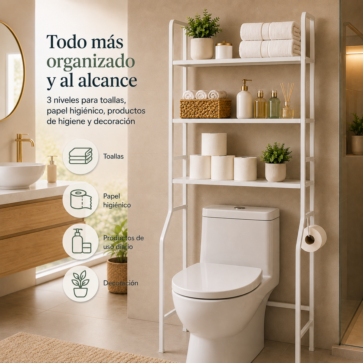 Organizador de baño de 3 niveles con toallas, papel higiénico, productos de uso diario y decoración