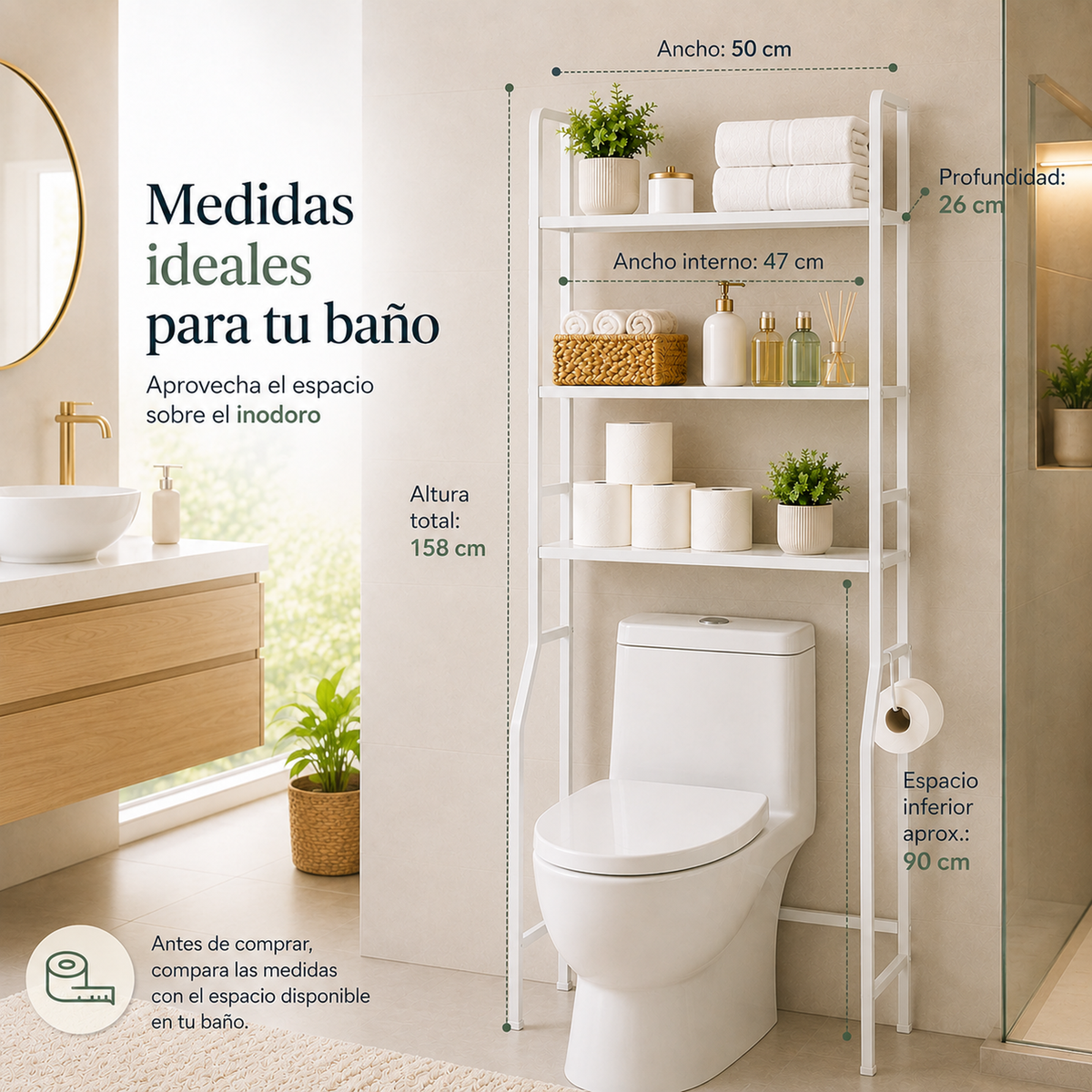 Medidas del organizador de baño sobre inodoro: 158 cm de alto, 50 cm de ancho, 47 cm de ancho interno y 26 cm de profundidad