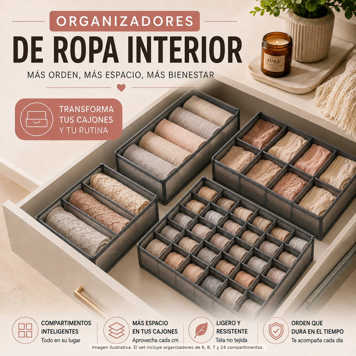 Organizadores de ropa interior para cajones - más orden, más espacio y tela no tejida; imagen ilustrativa