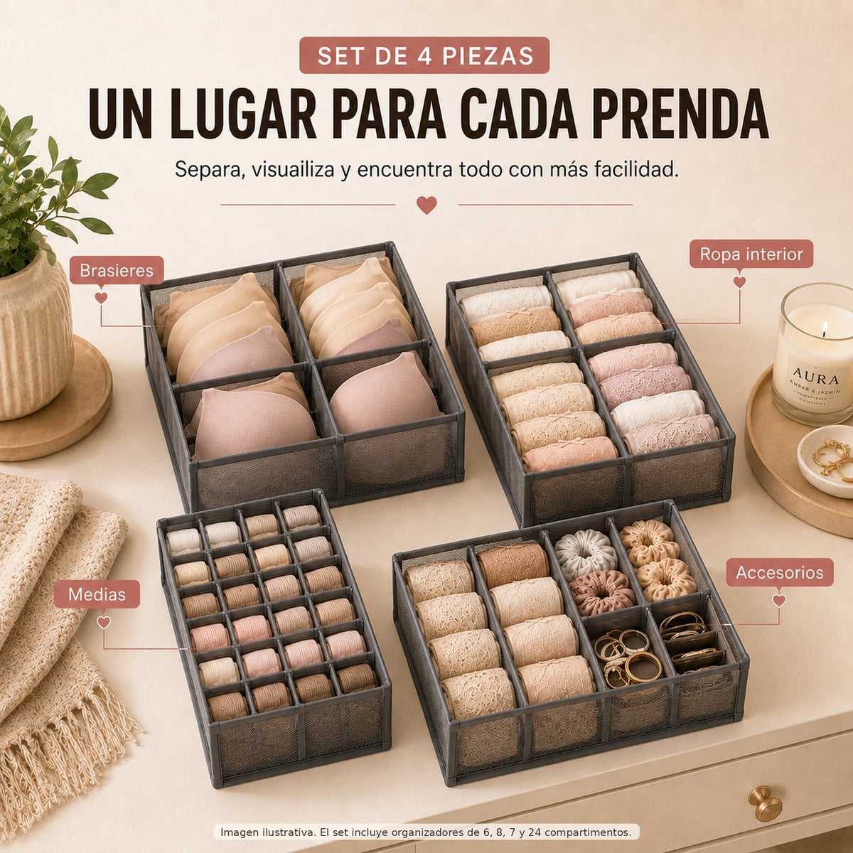 Organizadores de ropa interior para cajones - un lugar para cada prenda; imagen ilustrativa, set de 6, 8, 7 y 24 compartimentos