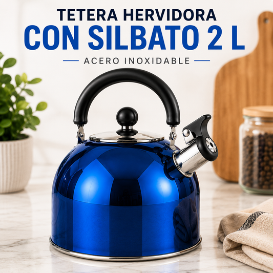 Tetera hervidora azul con silbato de 2 litros en acero inoxidable