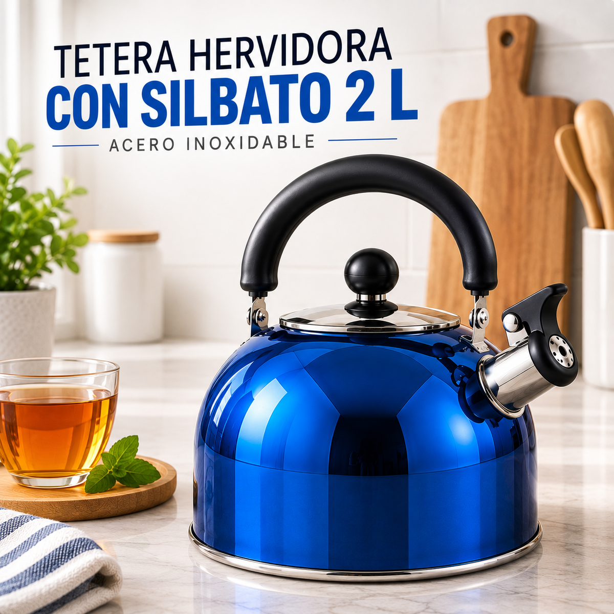 Tetera hervidora azul con silbato de 2 litros en acero inoxidable