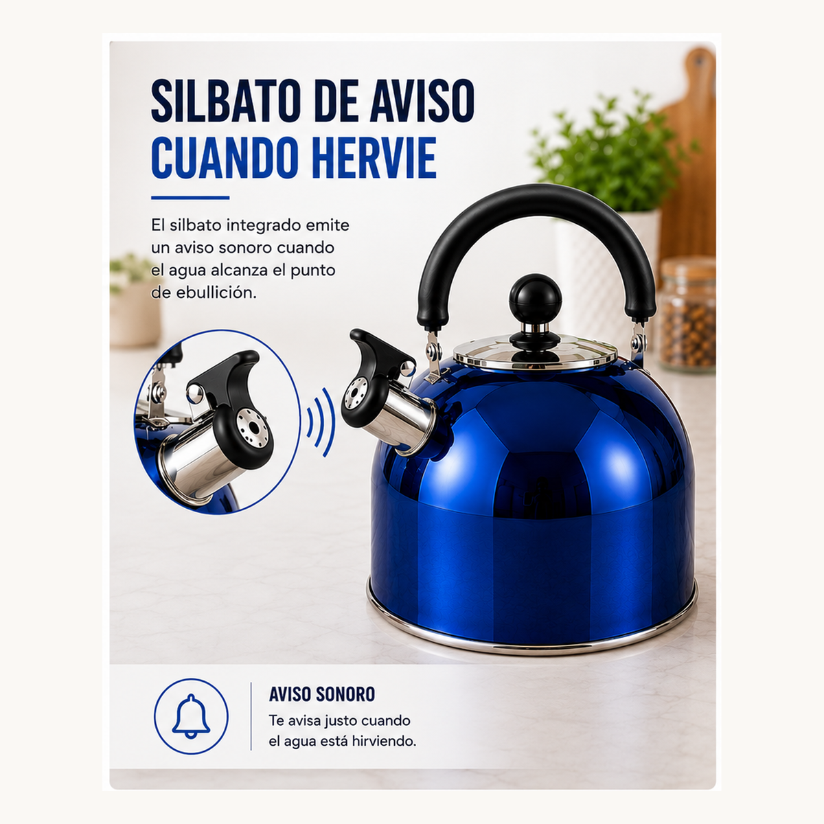 Tetera hervidora azul con silbato de aviso que emite sonido cuando el agua hierve