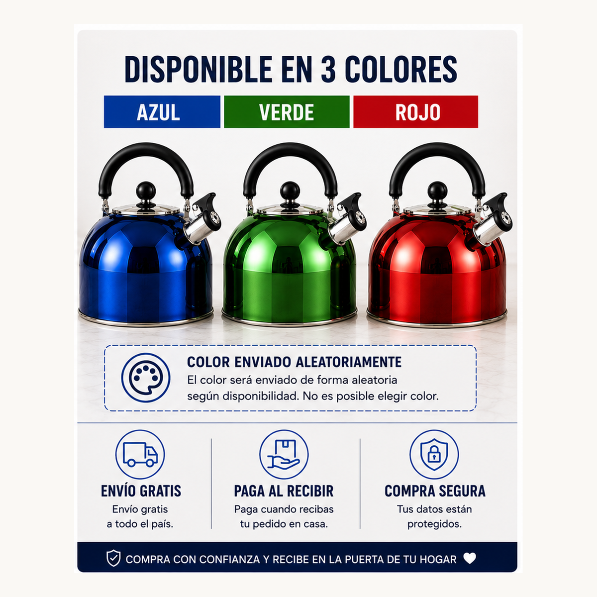 Tetera con silbato disponible en azul, verde y rojo; color enviado aleatoriamente según disponibilidad, con envío gratis, paga al recibir y compra segura
