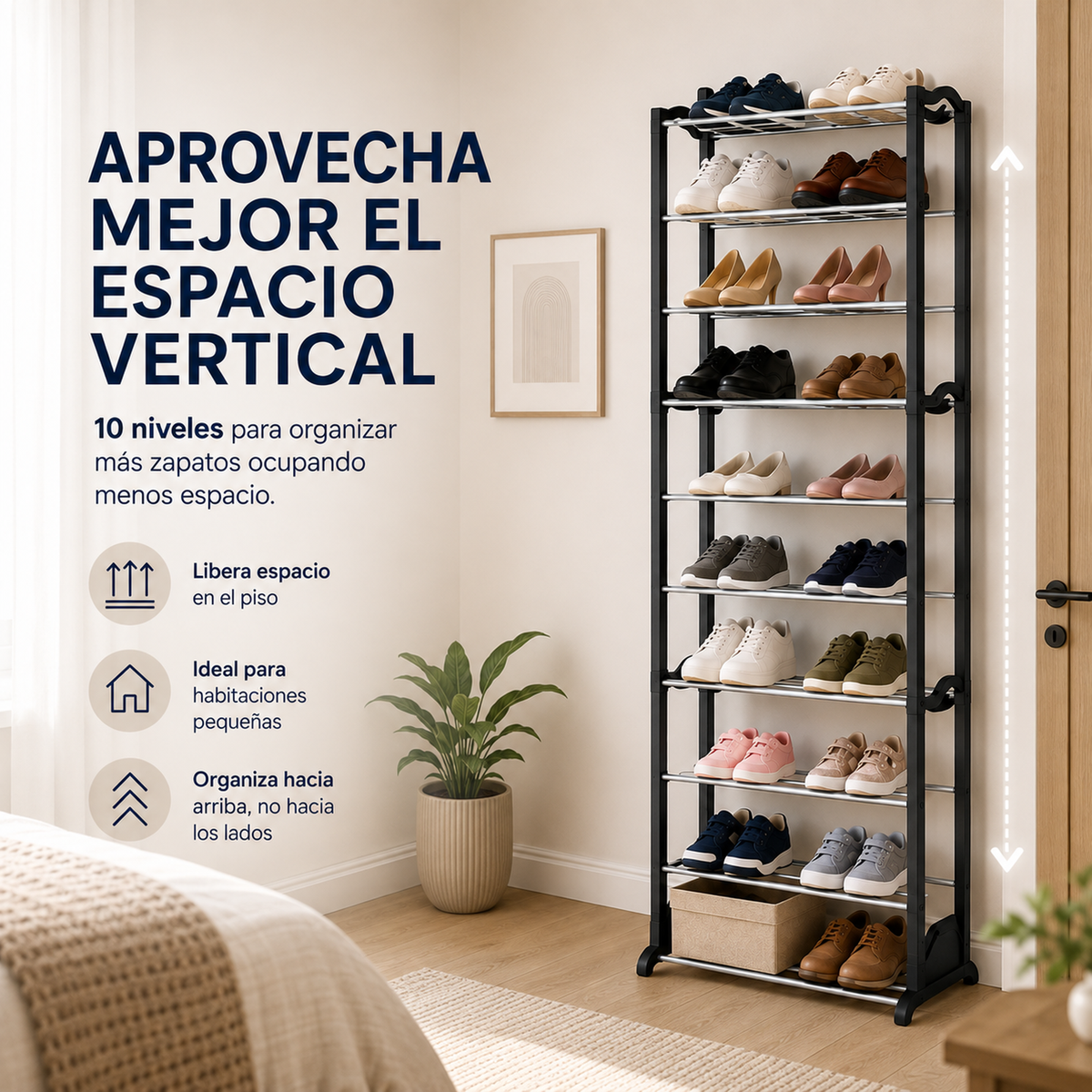 Zapatero de 10 niveles que aprovecha el espacio vertical y libera espacio en el piso