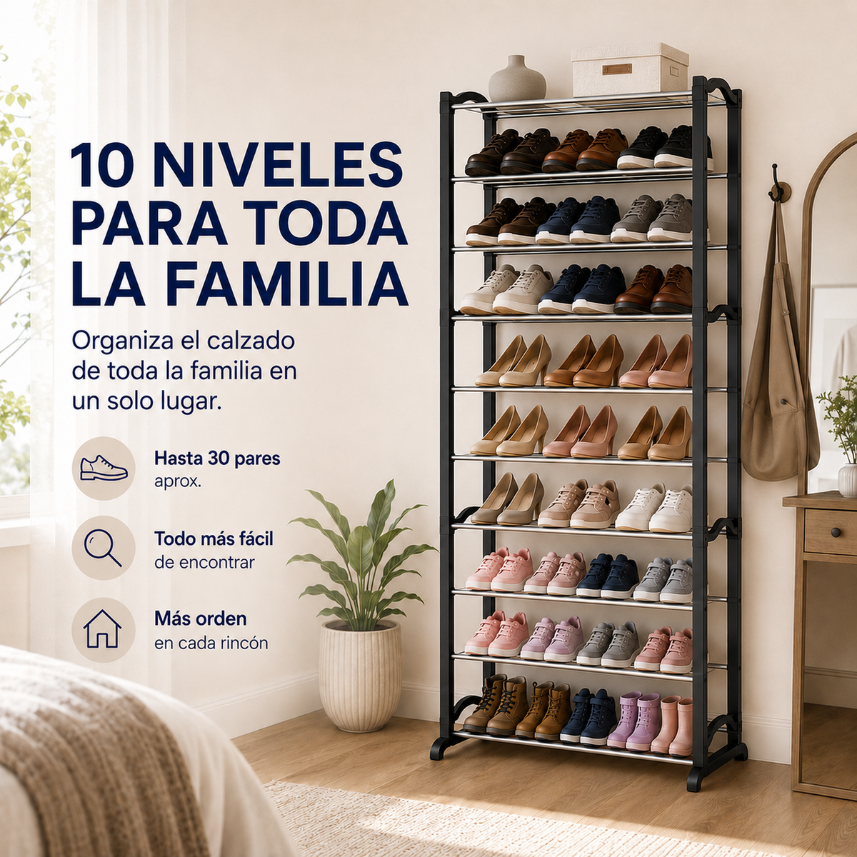 Zapatero organizador de 10 niveles con capacidad aproximada de hasta 30 pares